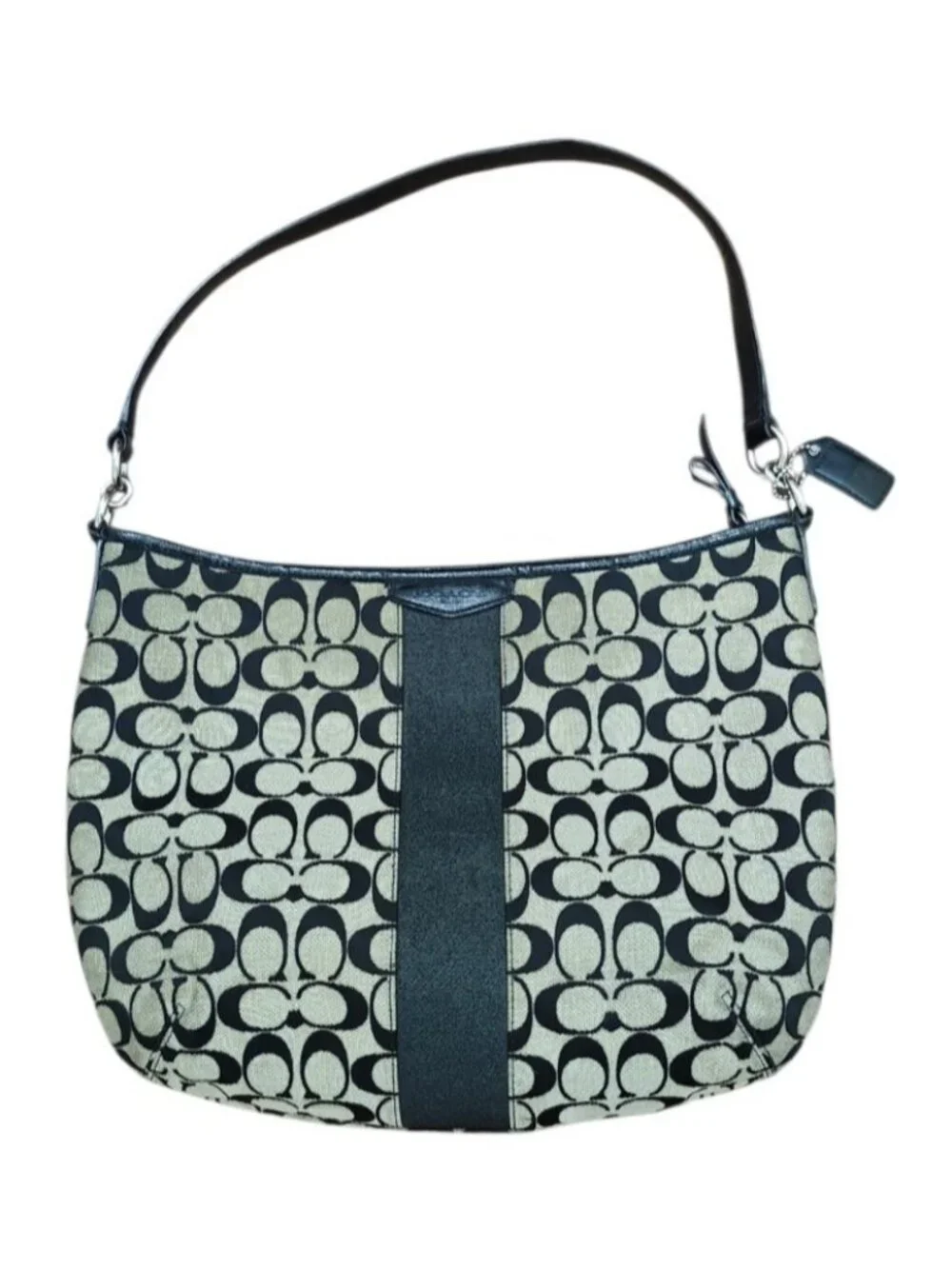 Coach F29941 Signature Stripe Hobo Shoulder Bag Black Khaki Jacquard Leather